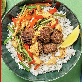 Chipotle Meatballs With Spanish Rice with peppers & green beans