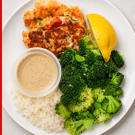 Salmon Cakes With Roasted Vegetable with Rice & Broccoli