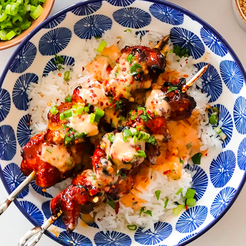 Bang Bang Chicken Skewers with Almond Pilaf