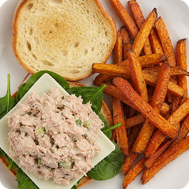 Low Carb Best Tuna Salad on Brioche with Baked Sweet Potato Fries and Spicy Ketchup