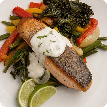 Blackened Salmon W/Cilantro Lime Crema with Roasted Vegetables Corn and Black Beans (4 Servings)