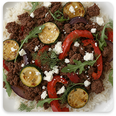 Mediterranean Beef & Veggie Skillet with Rice Red Peppers and Onion