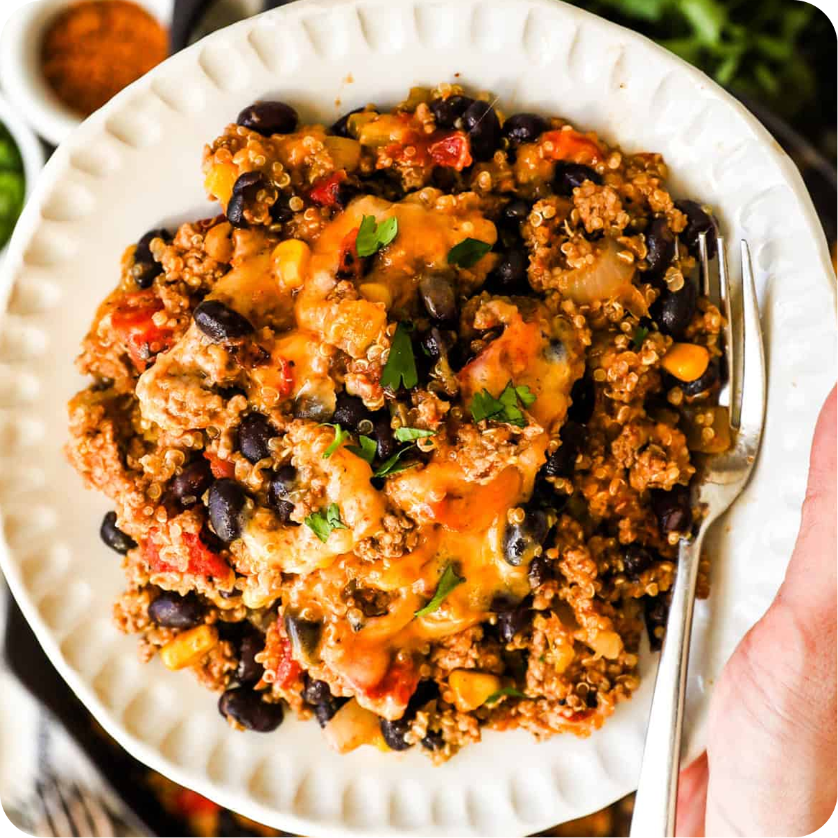 Low Carb Mexican Turkey Quinoa Skillet with Red Peppers Corn Black Beans and Cheddar