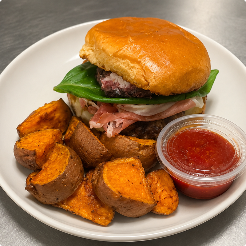 Teriyaki Burger with Sweet Potato Wedges (4 Servings)