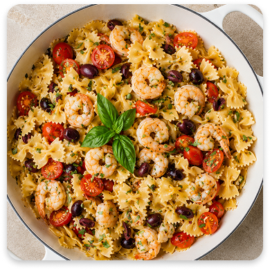 Tuscan Garlic Shrimp Over Bowtie Pasta (4 Servings)