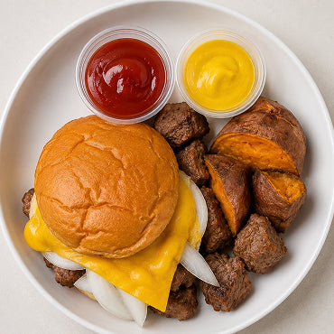 All American Burger with Roasted Sweet Potatoes (4 Servings)