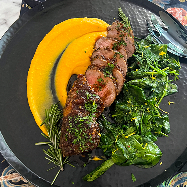Bourbon BBQ Pork Tenderloin with Roasted Sweet Potatoes and Seasonal Veggies
