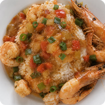 Cajun Shrimp Etouffee with White Rice and Cajun Sauteed Veggies