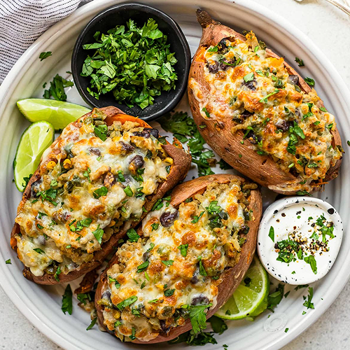 Low Carb Fiesta Turkey Stuffed Sweet Potato with Roasted Veggies and Greek Yogurt