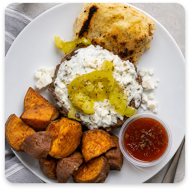 Greek Burgers with Roasted Sweet Potatoes