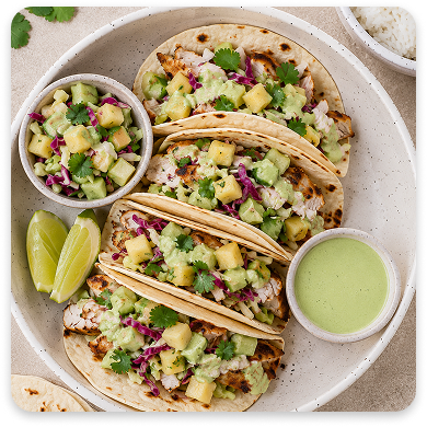 Honey Sriracha Blackened Fish Tacos with Pineapple Cilantro Veggies and Rice