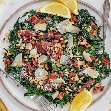 Lemony Kale Salad with grated fresh parm and toasted pecans