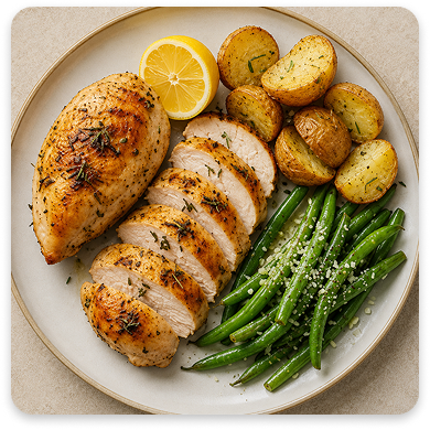 Maple Herb Roasted Chicken with Crispy Potatoes and Garlic Green Beans (4 Servings)