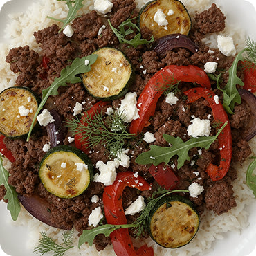 Mediterranean Beef & Veggie Skillet with Rice Red Peppers and Onion (4 Servings)