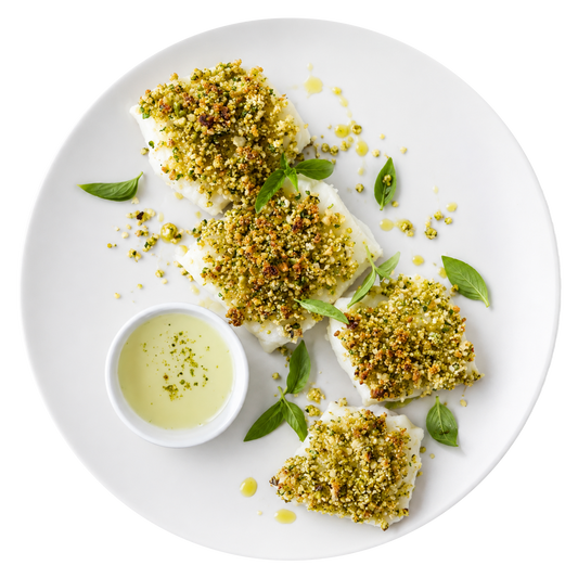 Low Carb Pistachio Crusted Halibut with Corn Basil Remoulade