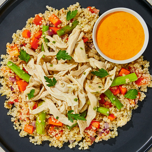 Low Carb Quinoa Bowl with Pulled Chicken & Orange Lime Dressing