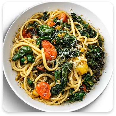 Low Carb Roasted Tomato Basil Spaghetti with Kale Swiss Chard and Chicken