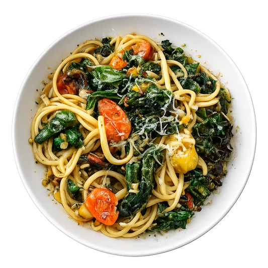 Low Carb Roasted Tomato Basil Spaghetti with Chicken Swiss Chard & Arugula