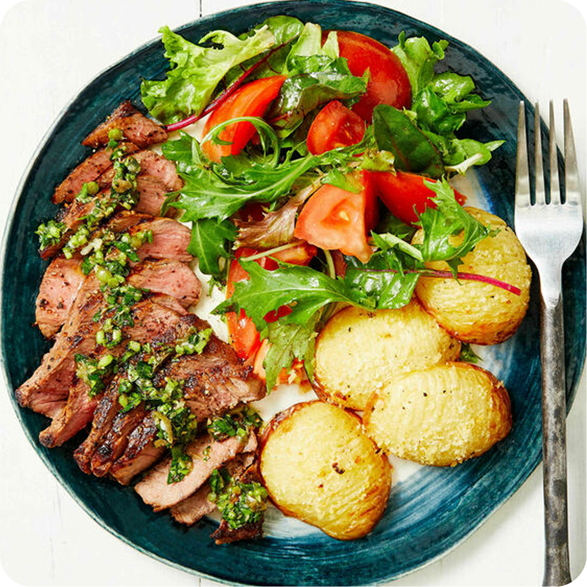 Salsa Verde Sirloin with Herb Potatoes and Charred Vegetables (4 Servings)