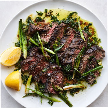 Salsa Verde Sirloin with Herb Roasted Potatoes and Charred Vegetables